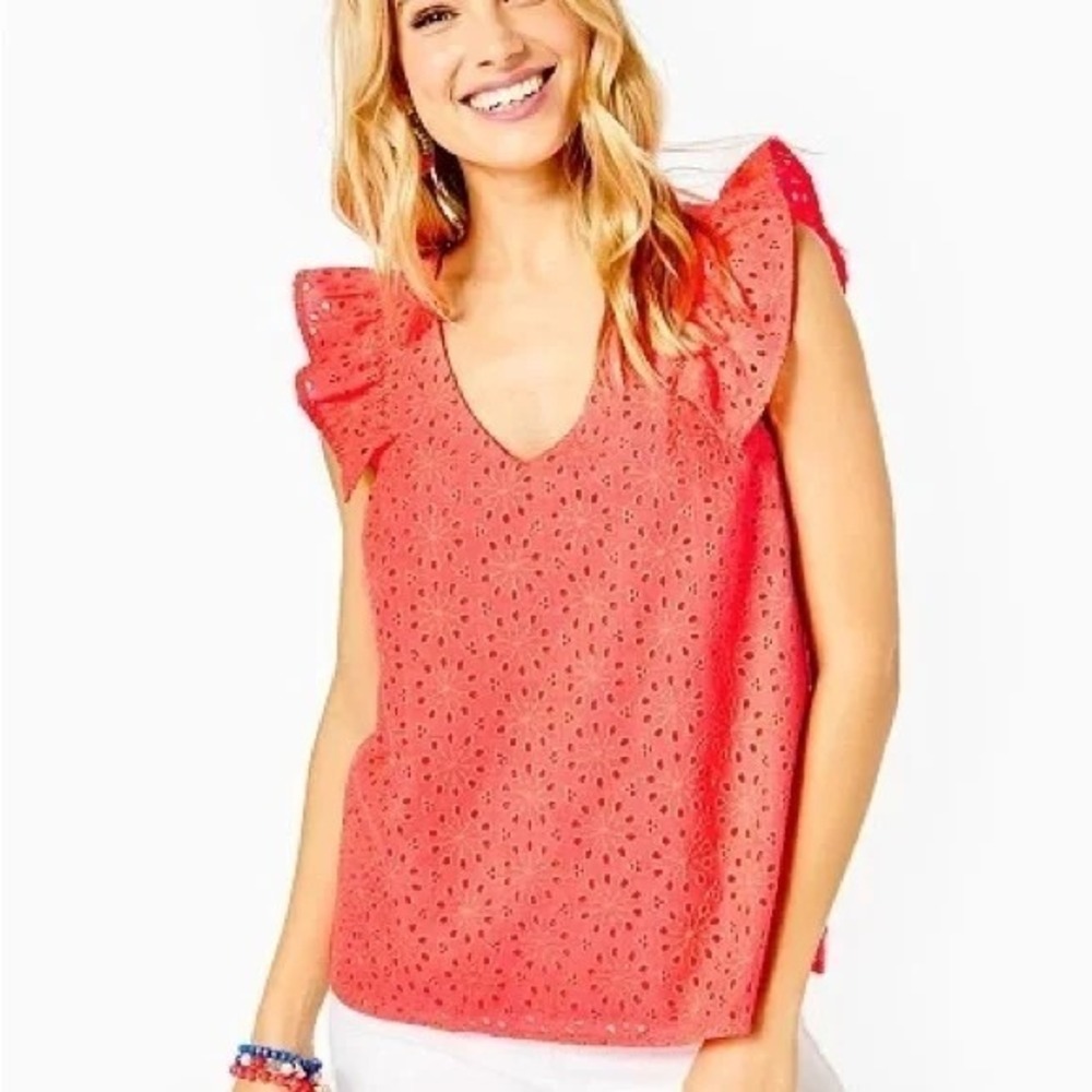 Lilly Pulitzer Lina top Spicy Coral Neon‎ Sunburst Eyelet Sz M
